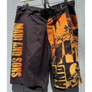 Maui and Sons Mens Board Shorts Black Orange Graphic Swim Trunks Surf Shorts